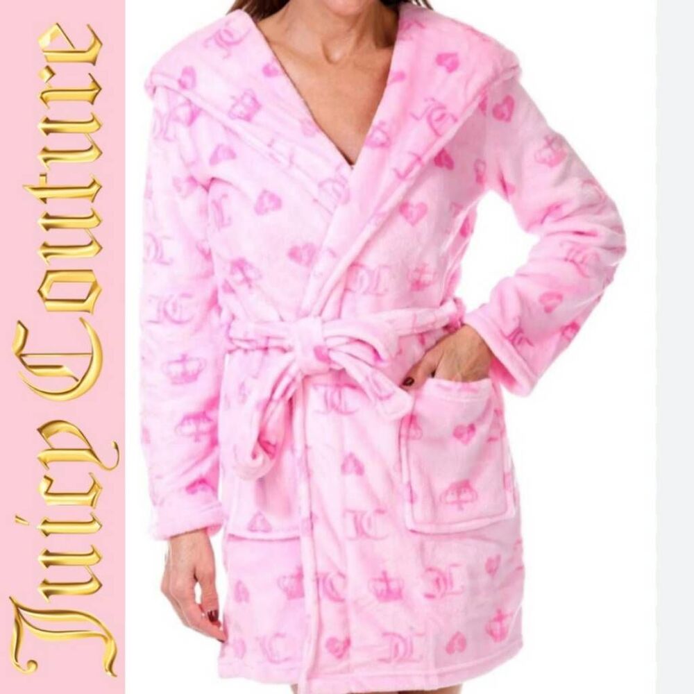 Juicy Couture JC‎ Logo Hearts & Crowns Plush Hooded Robe